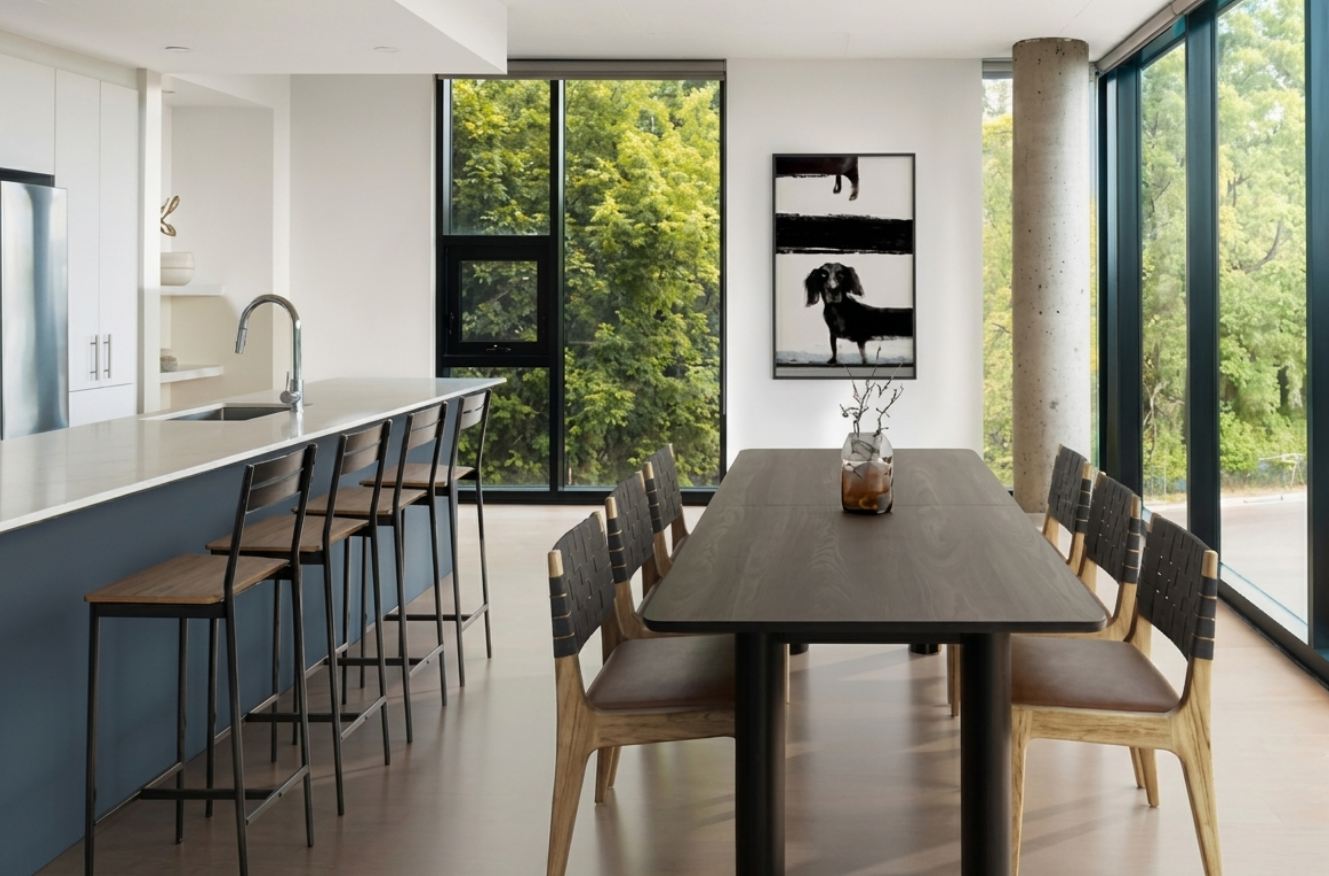 Bright modern apartment interior with kitchen and dining area
